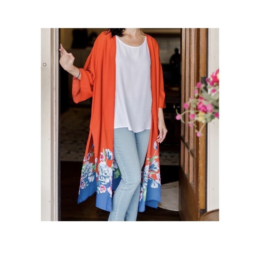 Pioneer Woman Kimono Duster‎ Open Front Orange Blue Floral sz XXL/XXXL NEW